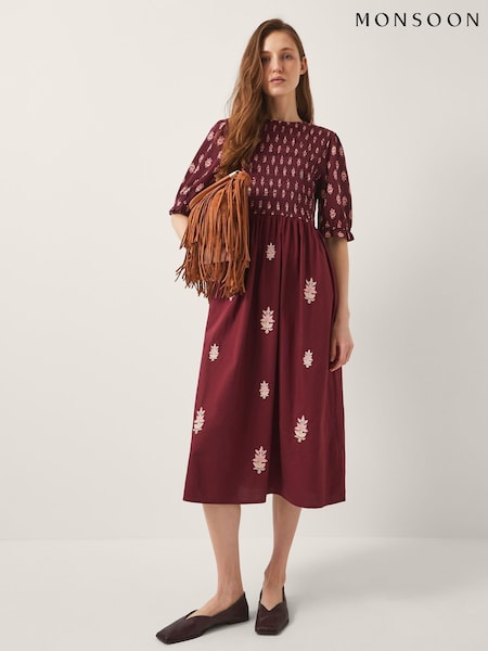 Monsoon Red Laurie Floral Print Smocked Midi Dress (W70541) | €108
