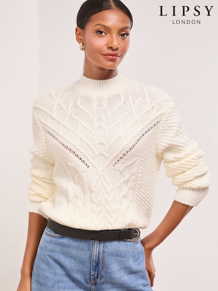 عاجي أبيض - Lipsy Cable Knit With Wool Crew Neck Long Sleeve Jumper (W70545) | ‏234 ر.ق.