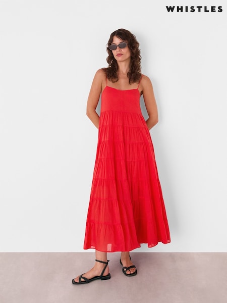 Whistles Red Cotton Tiered Maxi Sun Dress (W70940) | R$ 1.375
