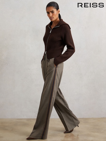 Reiss Neutral Check Tarley Side-Stripe Wide-Leg Check Trousers (W71079) | €220
