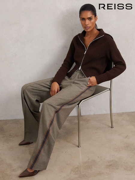 Reiss Neutral Check Tarley Petite Side-Stripe Wide-Leg Check Trousers (W71086) | €220