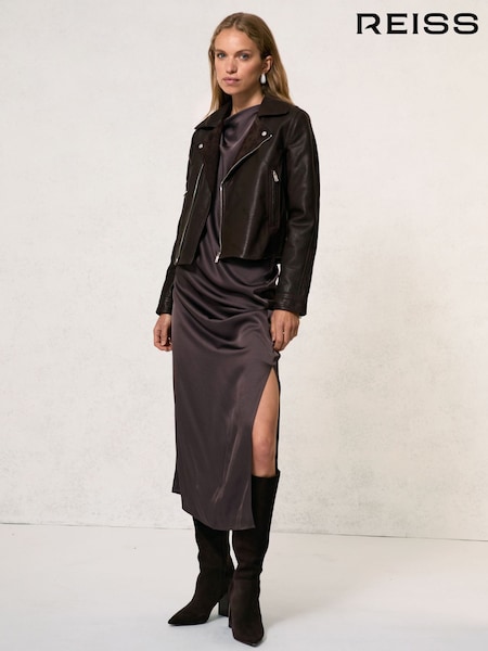 Reiss Chocolate Brown Lidia Suede-Lapel Leather Biker Jacket (W71100) | AED2,866