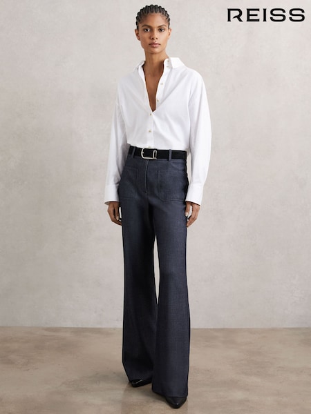 Reiss Blue Uma Petite Flannel Patch-Pocket Flared Trousers with Wool (W71109) | €235