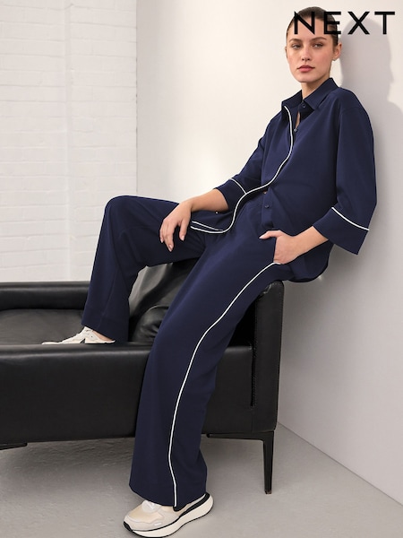 أزرق داكن - Tipped Wide Leg Trousers (W71135) | ‏126 د.إ.‏