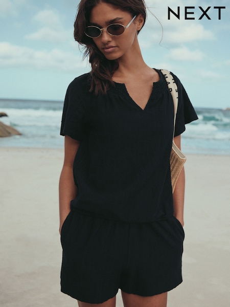 שחור - Shirred Jersey Shorts (W71139) | ‏53‏₪