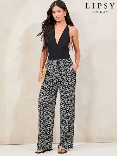 Lipsy Black/White Petite Crinkle Wide Leg Trousers (W71291) | €49.50