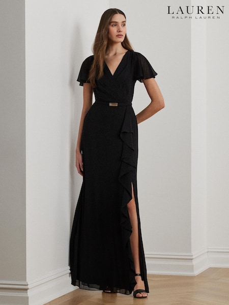 Lauren Ralph Lauren Farrysh V-Neck Belted Shifron Black Gown Dress (W71296) | €499