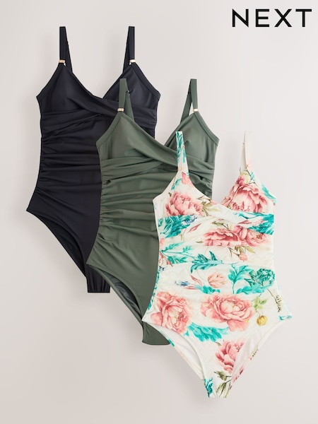 White Floral/Khaki Green/Black 3 Pack Tummy Control Swimsuit (W71305) | €94