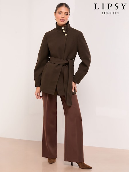 بني - Lipsy Funnel Neck Mid Length Coat (W71376) | ‏462 ر.ق.