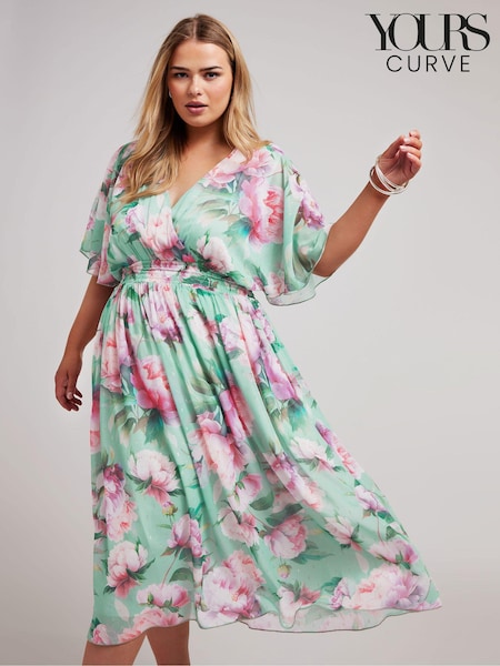 Yours Curve Green Metallic Shirred Waist Wrap Dress (W71399) | 346 QAR