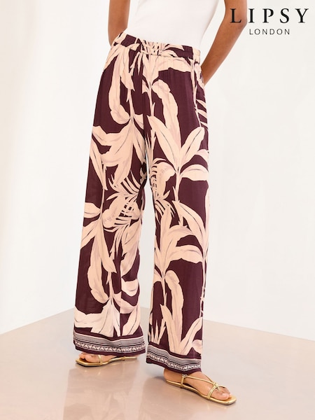 Lipsy Brown Palm Print Relaxed Wide Leg Beach Coverup Trousers (W72072) | €45