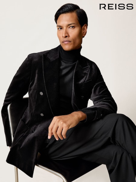 Schwarz - Reiss Royale Double-Breasted Velvet Blazer Regular-Fit (W72734) | 543 €