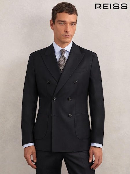 Reiss Navy Muse Wool-Flannel Double-Breasted Blazer Tailored-Fit (W72764) | €495