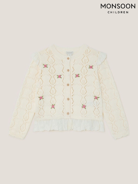 Monsoon Natural Embroidered Frill Pointelle Cardigan (W72888) | €37 - €43