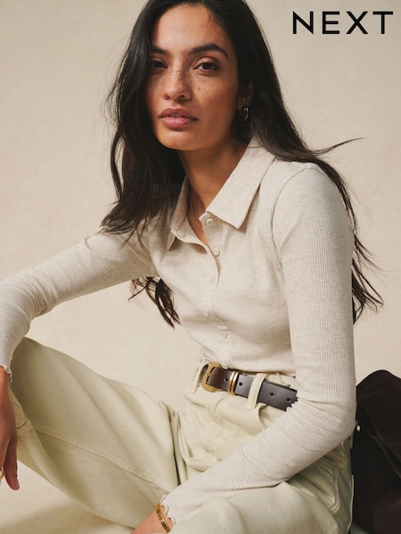 Ecru - Ribbed Long Sleeve Button Through Polo Shirt