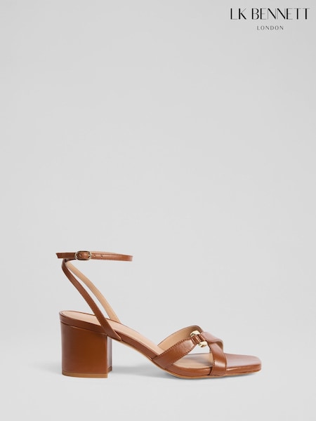 LK Bennett Brown Ena Tan Leather Oloid Low Block Heel Sandals (W72914) | €381