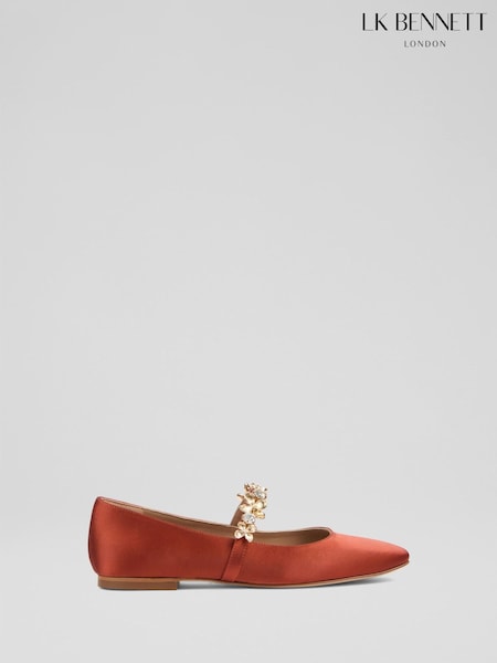 LK Bennett Orange Flower Trim Flat Amber Orange Fabric Shoes (W72927) | €381
