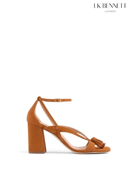 LK Bennett Brown Jeanie Brown Leather Tassel Block Heel Sandals (W72934) | €471