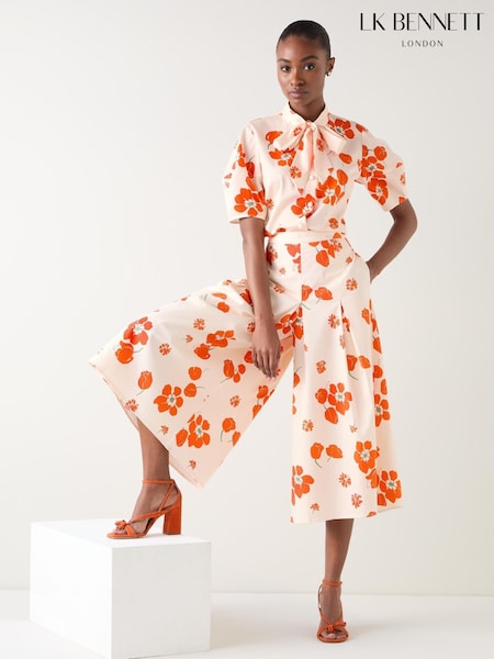 LK Bennett Cream Orange Multi Cotton Pleat Block Floral Print Sateen Jumpsuit (W72937) | €228