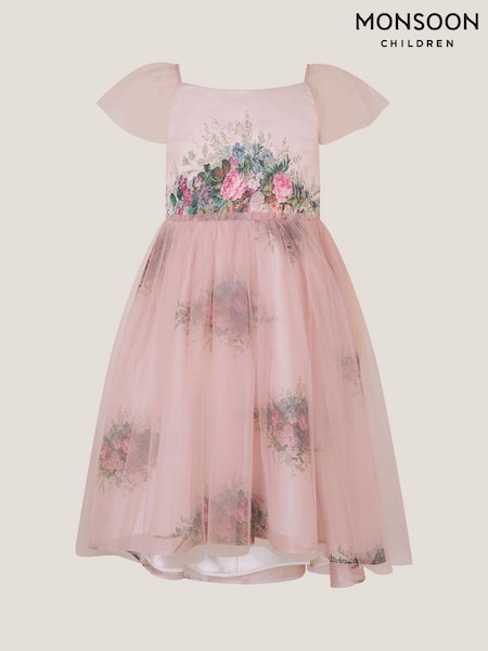 Monsoon Pink Charlotte Short Sleeve Floral Print Tulle Dress (W72982) | €63 - €77
