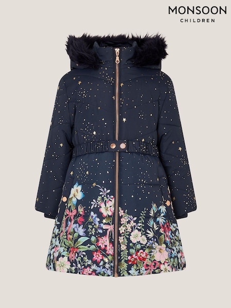 Monsoon Blue Starry Floral Print Hooded Coat (W72992) | €83 - €95