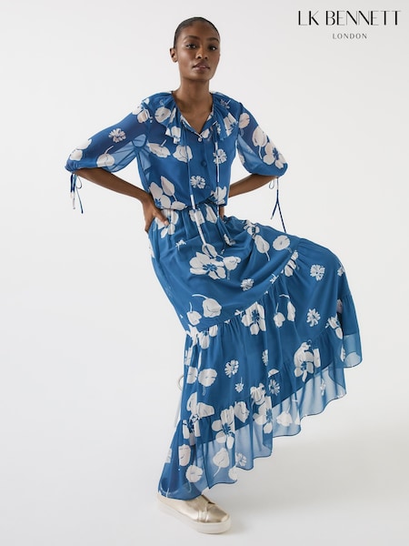 LK Bennett Blue Rumi China Birch Georgette Block Print Maxi Skirt (W73023) | € 279