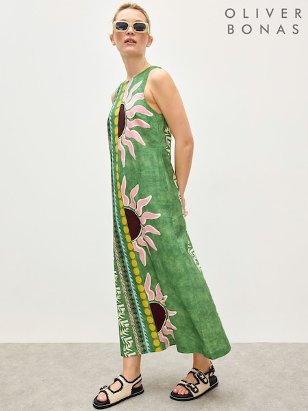 Oliver Bonas Green Sun Print Sleeveless Midi Dress (W73101) | R$ 840