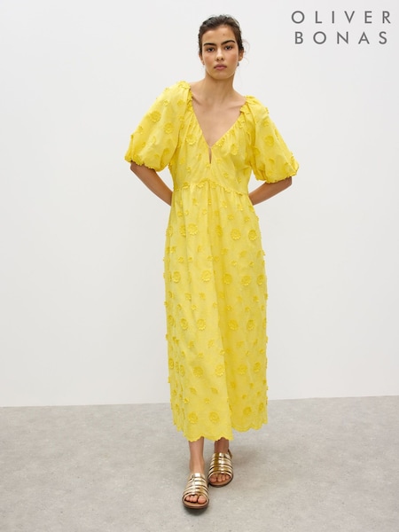 Oliver Bonas Yellow 3D Floral Print Textured Puff Sleeve Midi Dress (W73106) | R$ 1.185