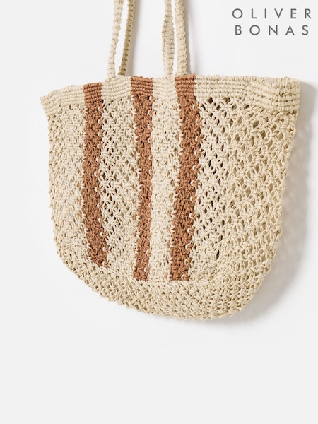 Oliver Bonas Brown Estie Cream Striped Woven Tote Bag (W73107) | R$ 375