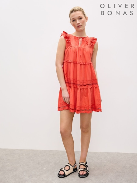 Oliver Bonas Orange Mini Coral Ladder Trim Tiered Dress (W73109) | R$ 740