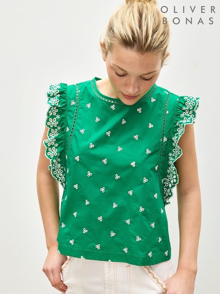 Oliver Bonas Green Embroidered Frill Sleeve Top (W73111) | R$ 545