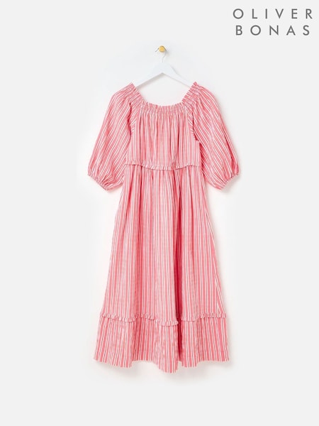 Oliver Bonas Red Pink Striped Bardot Tiered Midi Dress (W73116) | R$ 770