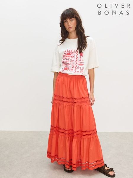 Oliver Bonas Orange Coral Scalloped Cutwork Tiered Midi Skirt (W73118) | R$ 740