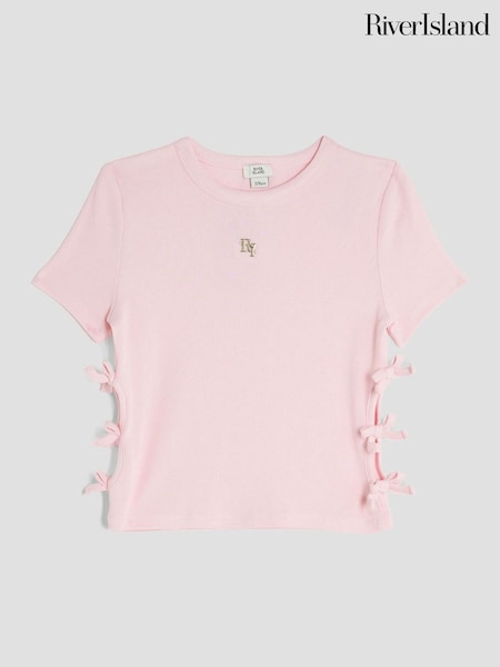 River Island Pink Girls 3D Bow Ribbed Top (W73205) | €19