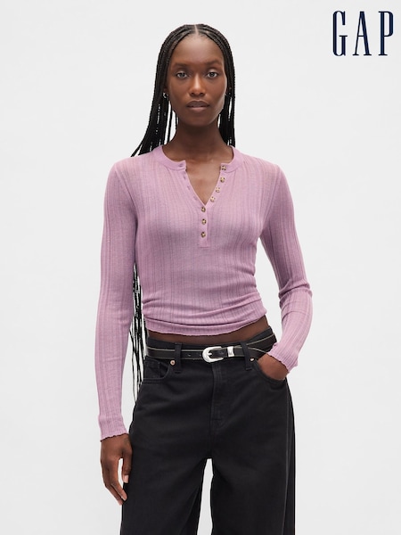 Gap Pink Long Sleeve Sheer Rib Henley Top (W73295) | €59