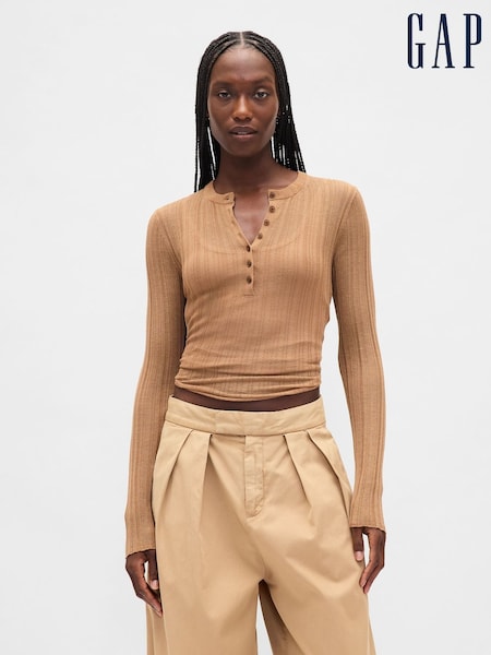Gap Beige Long Sleeve Sheer Rib Henley Top (W73445) | €59