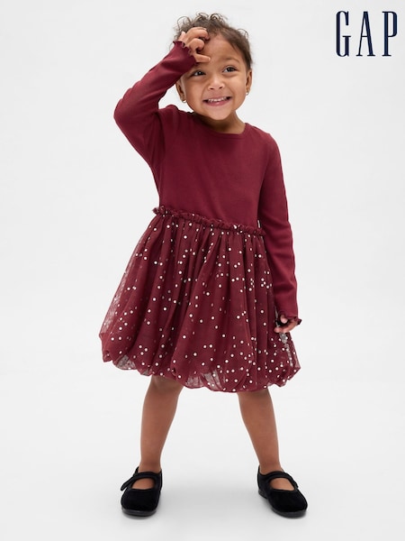 Gap Burgundy Red Mixed Media Bubble Dress (6mths-5yrs) (6mths-5yrs) (W73573) | €37