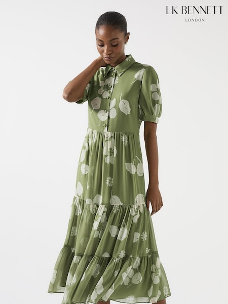 LK Bennett Relaxed Rumi Watercress & Birch Floral Print Tiered Dress (W73775) | 2,227 LEI