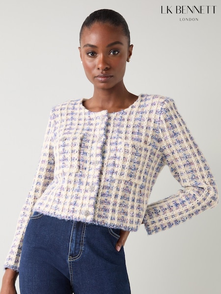 LK Bennett Millie Ivory Tweed Fluffy Shoulder Pad Cardigan (W73806) | R$ 2.260
