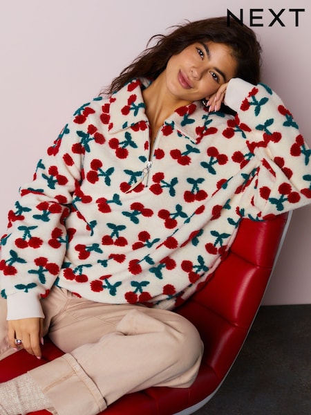 Red Ecru White Borg Cherry Graphic Zip Neck Fleece (W73935) | LEI 281