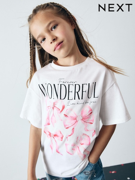 White Oversized Bow Graphic 100% Cotton T-Shirt (3-16yrs) (W74106) | 31 QAR - 48 QAR