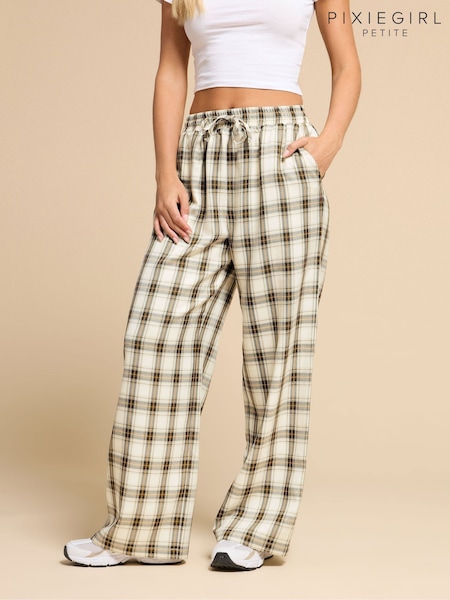 PixieGirl Petite Brown Checked Wide Leg Pull On Trousers (W74129) | €43