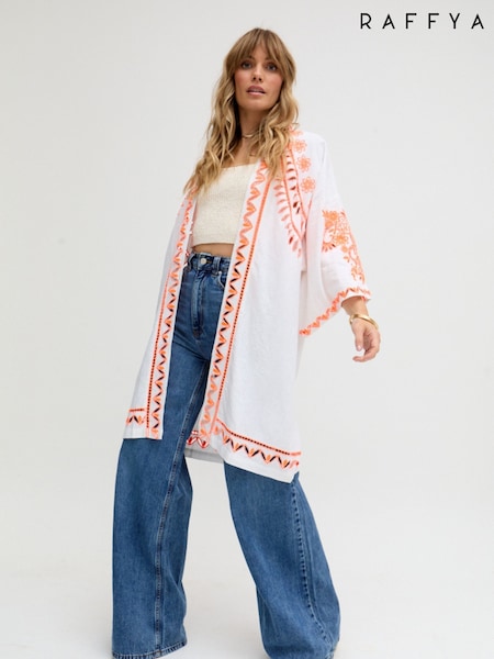 Raffya White Lupe Edge To Edge Embroidered Kimono (W74221) | € 172