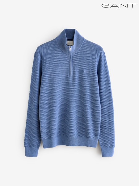 GANT Blue Textured Merino Wool Blend Half Zip Jumper (W74256) | R$ 1.335