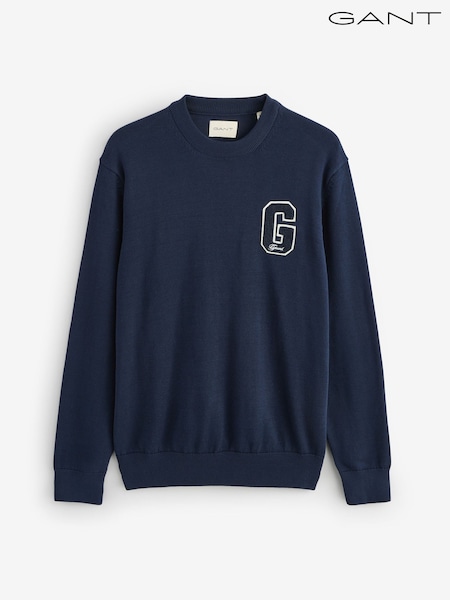 GANT Blue Graphic Print Logo Badge Crew Neck Knit Jumper (W74275) | €166