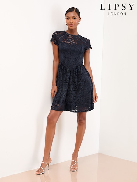 Navy Cap Sleeve Lace Mini Dress (W74375) | €79