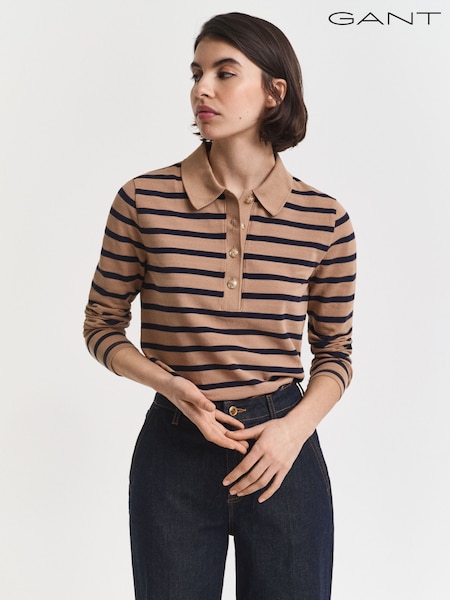 GANT Brown Breton Striped Long Sleeve Pique Polo Shirt (W74399) | €133