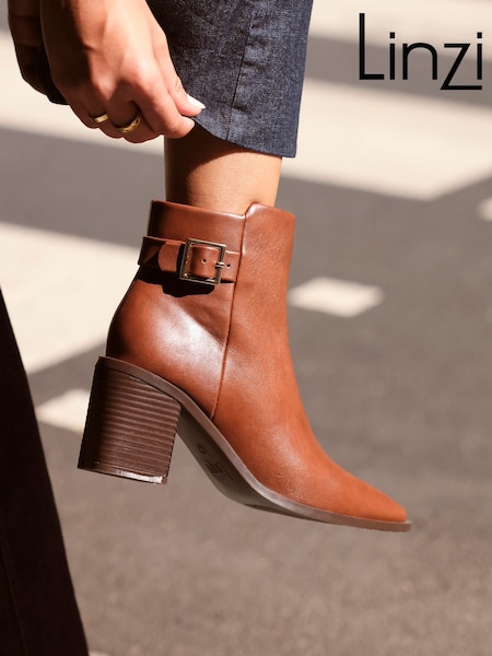 Linzi Brown Rise Block Heeled Ankle Boots With Buckle Detail (W74508) | AED262