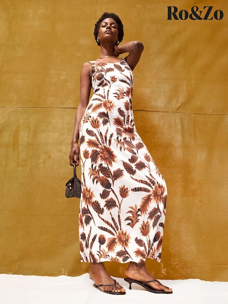 Ro&Zo Brown Tropical Floral Print Linen Blend Dress (W74513) | R$ 980