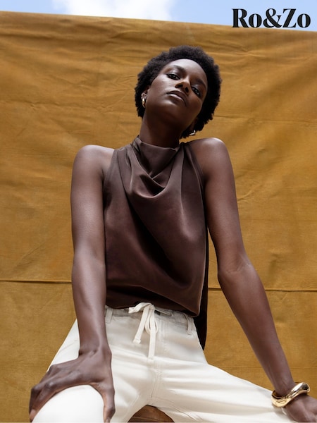 Ro&Zo Brown Cowl Neck Drape Blouses (W74519) | €75